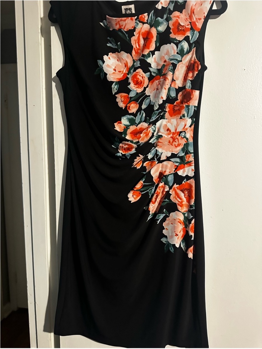 Anne Klein Black Midi Dress with Coral and White Floral Print